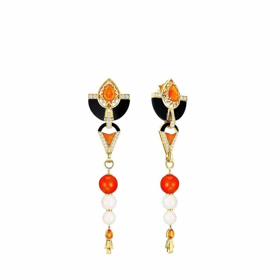 Earrings | Lalique L'Oiseau De Feu Earrings, Large Yellow Gold/ Sapphires/ Diamonds/ Fire Opals/ Jade/ Carnelian/ Lacquer