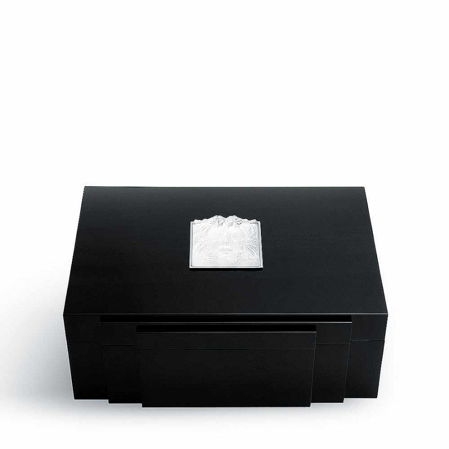 Ashtrays And Cigars Boxes | Lalique Masque De Femme Cigars Box Black Lacquered With Clear Crystal/ 70 Cigars