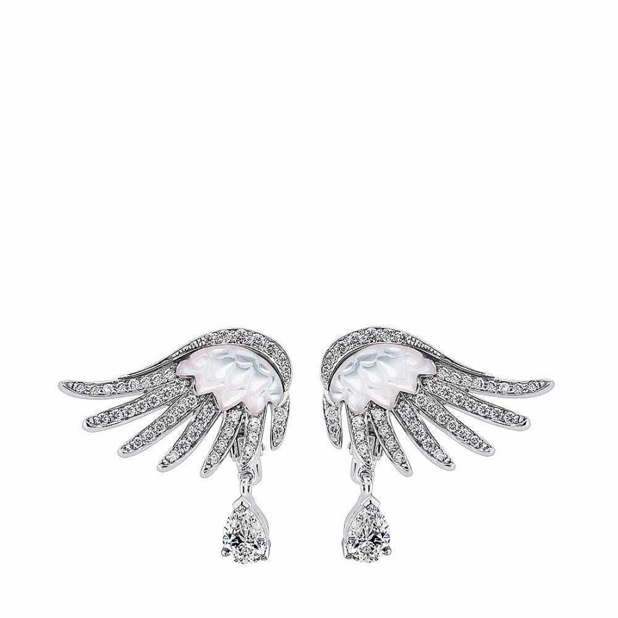 Earrings | Lalique Vesta Earrings, Large White Gold/ Diamonds/ Mother-Of-Pearl