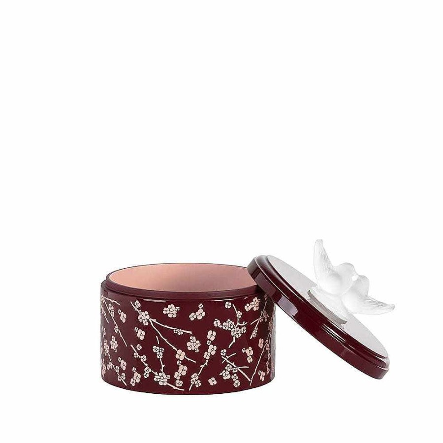 Boxes | Lalique Fleurs De Cerisier Box, Medium Size Clear Crystal/ Pink And Burgundy Lacquered Wood