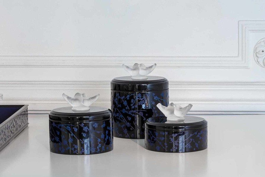 Boxes | Lalique Fleurs De Cerisier Box, Medium Size Clear Crystal/ Black And Minight Blue Lacquered Wood