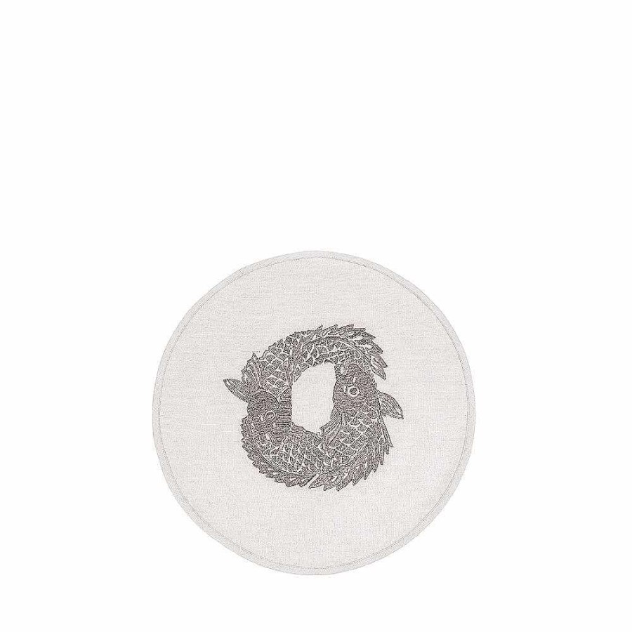 Table Linens | Lalique Koi Circle Embroidered Placemat Metallic Linen/ Pewter Embroidery/ Round