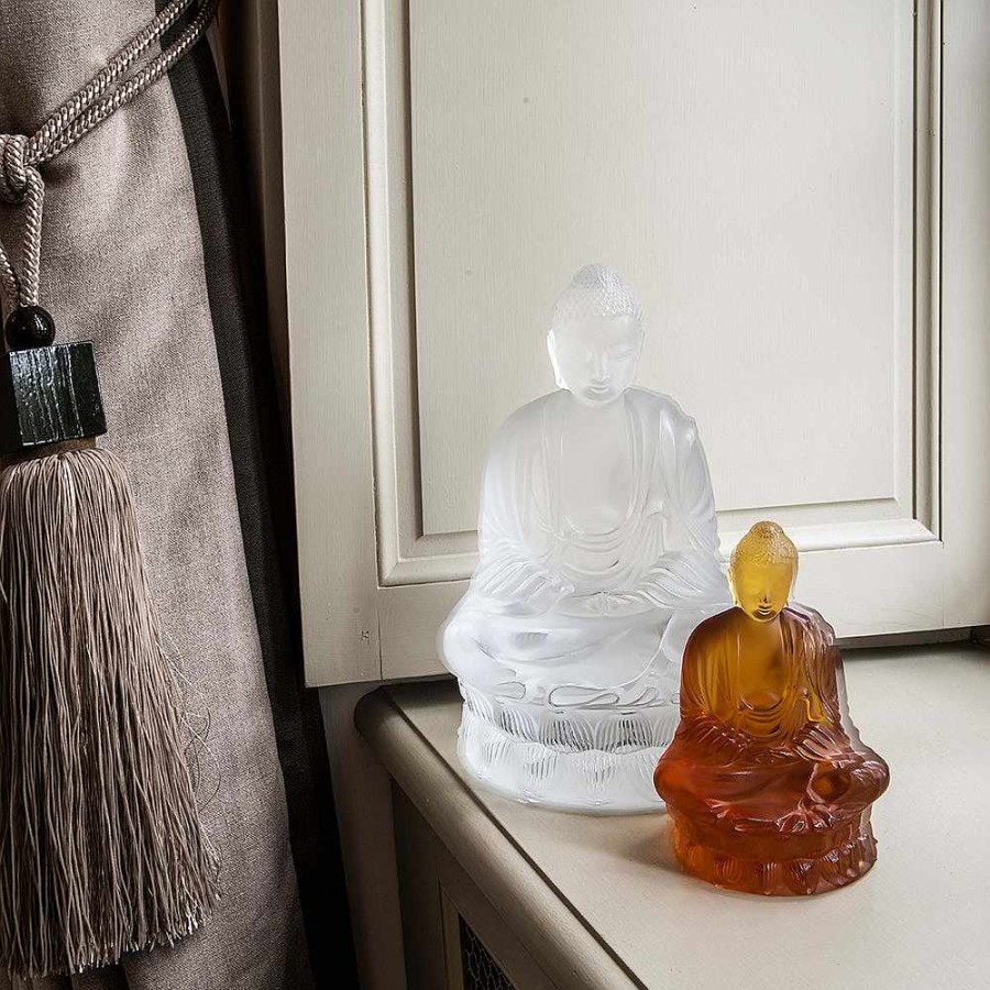 Sculptures | Lalique Small Buddha Sculpture Amber Crystal