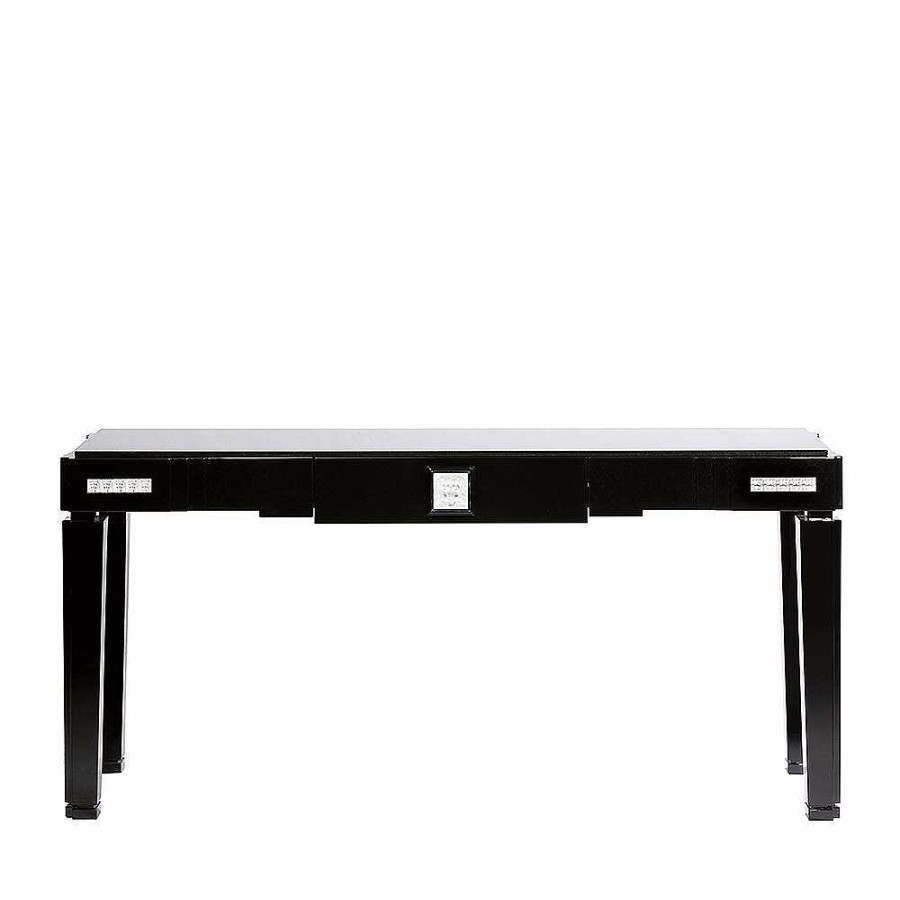 Tables | Lalique Masque De Femme Console Table Medium Size Clear Crystal And Black Lacquered With Black Granite Top