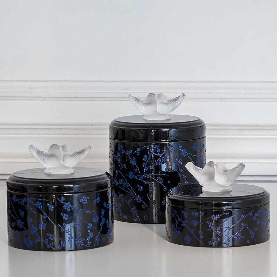 Boxes | Lalique Fleurs De Cerisier Box, Small Size Clear Crystal/ Black And Minight Blue Lacquered Wood