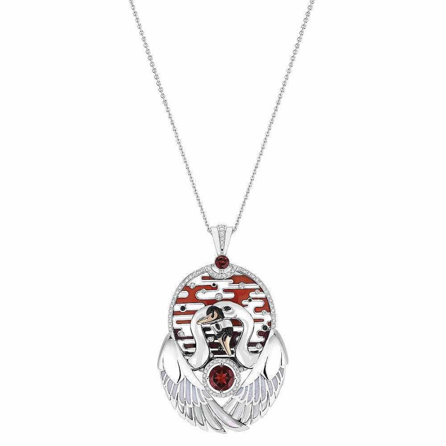 Pendants | Lalique Cygnes Pendant, Large White Gold/ Rose Gold/ Garnets/ Onyx/ Diamonds/ Mother-Of-Pearl/ Lacquer/ Enamel