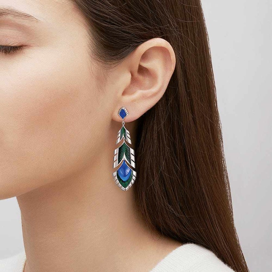 Earrings | Lalique Paon Earrings Blue Crystal And Green Lacquer/ Silver