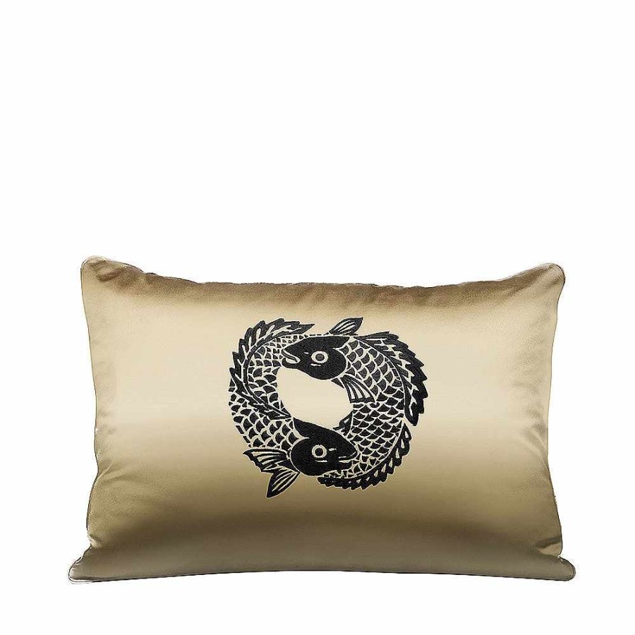 Cushions | Lalique Koi Circle Embroidered Rectangular Cushion Ivory Silk/ Black Embroidery/ Rectangular