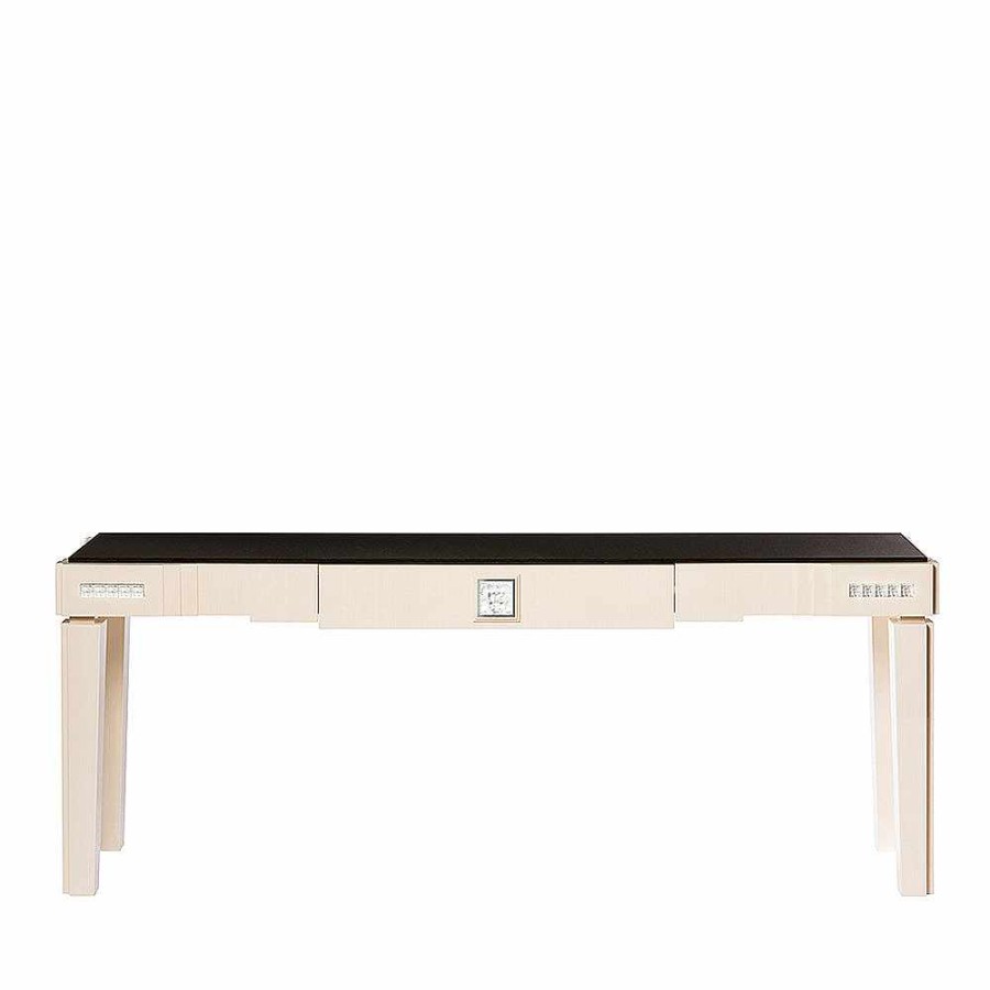 Tables | Lalique Masque De Femme Console Table Large Size Clear Crystal And Ivory Ash With Black Granite Top