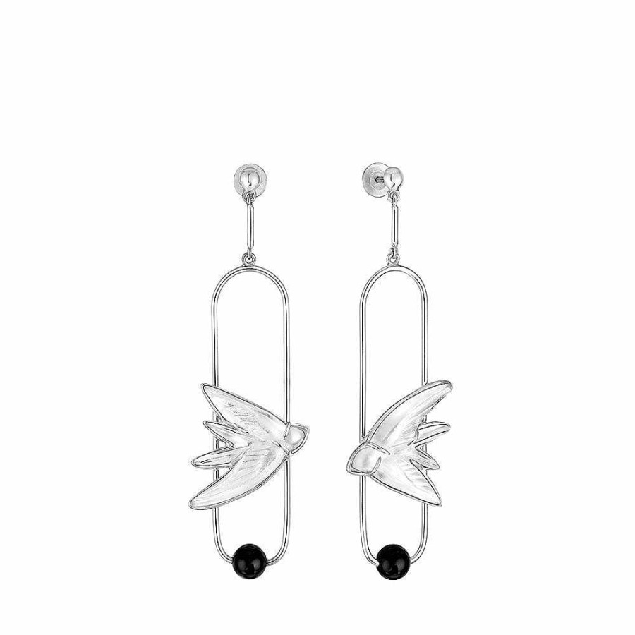 Earrings | Lalique Hirondelles Earrings Clear Crystal/ Onyx/ Silver