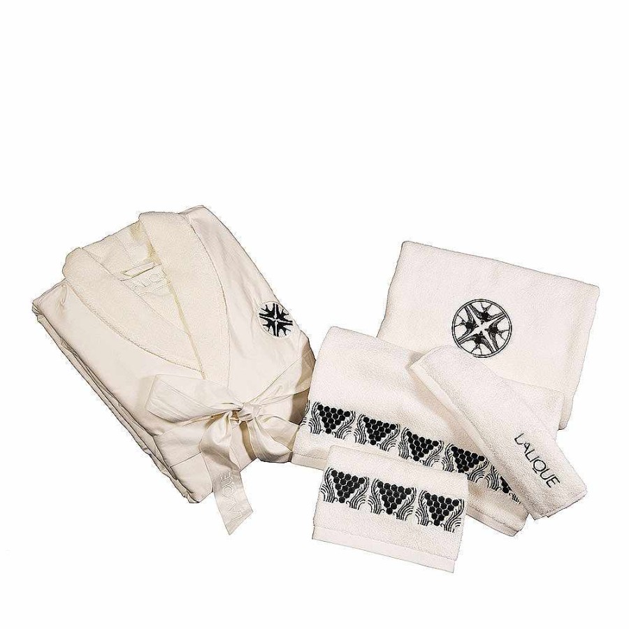 Bath Linens | Lalique Hirondelles Embroidered Bathrobe Ivory Cotton/ Black Embroidery/ S Size