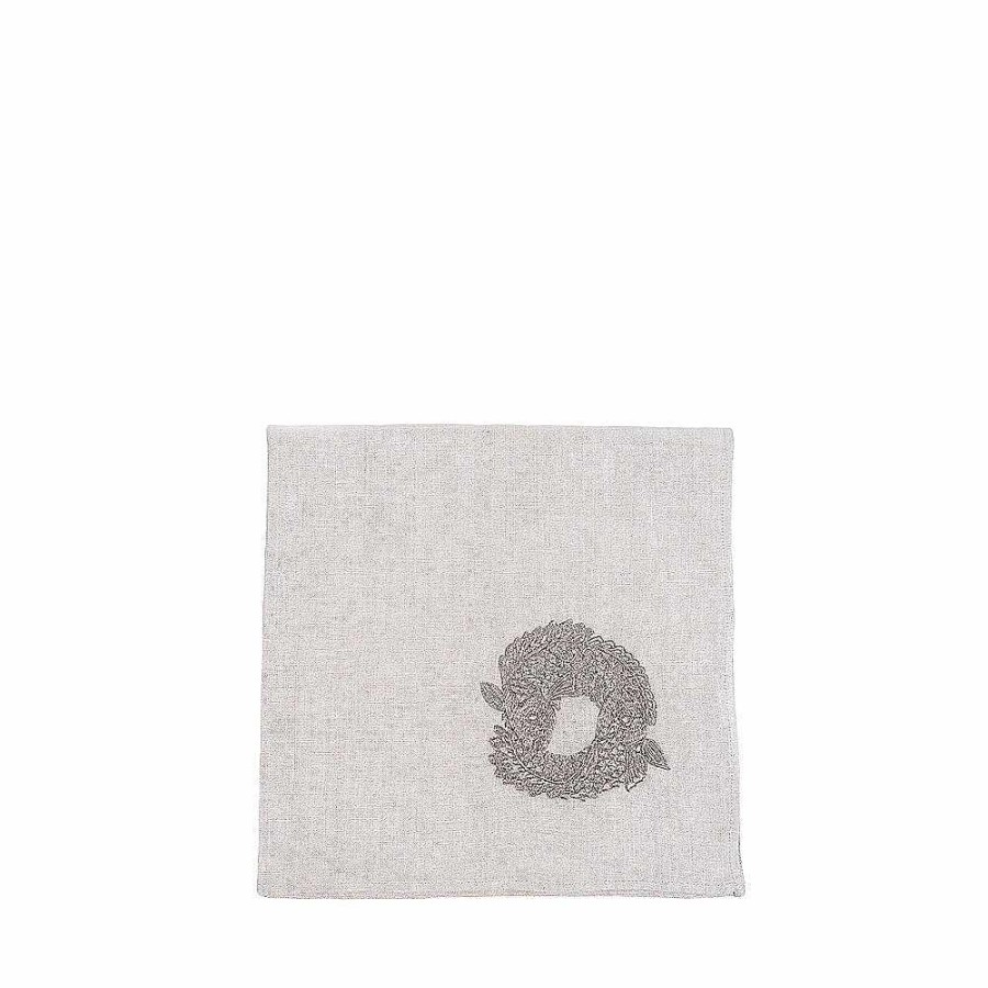 Table Linens | Lalique Koi Circle Embroidered Napkin Metallic Linen/ Pewter Embroidery/ Square