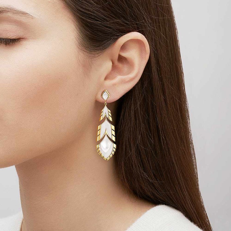 Earrings | Lalique Paon Earrings White Pearly Clear Crystal And White Lacquer/ 18K Yellow Gold-Plated