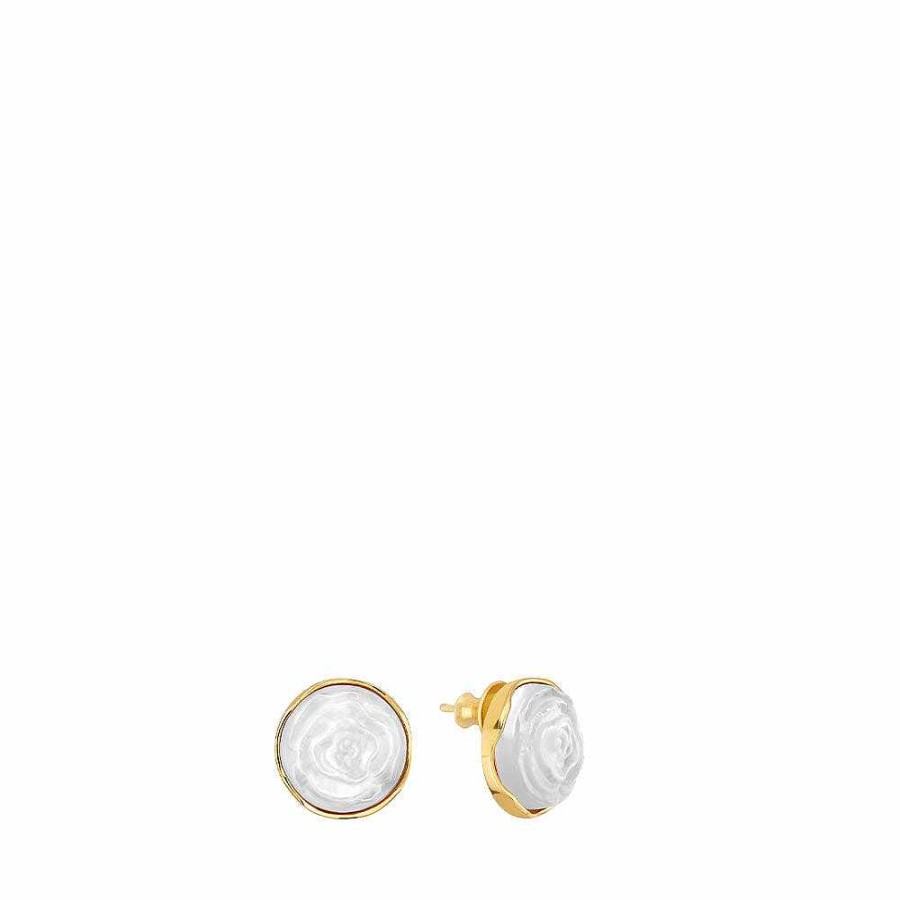 Earrings | Lalique Pivoine Earrings White Pearly On Clear Crystal/ 18 Carats Yellow Gold Plated