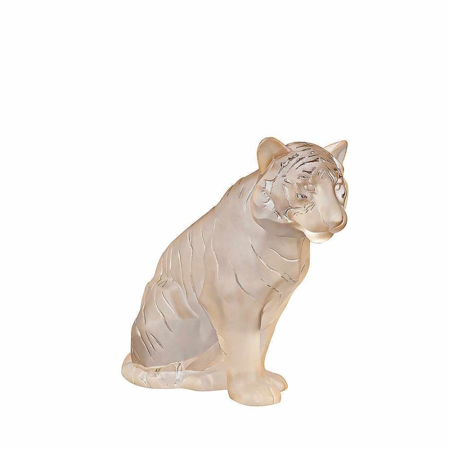 Sculptures | Lalique Sitting Tiger Large Sculpture Gold Luster Crystal