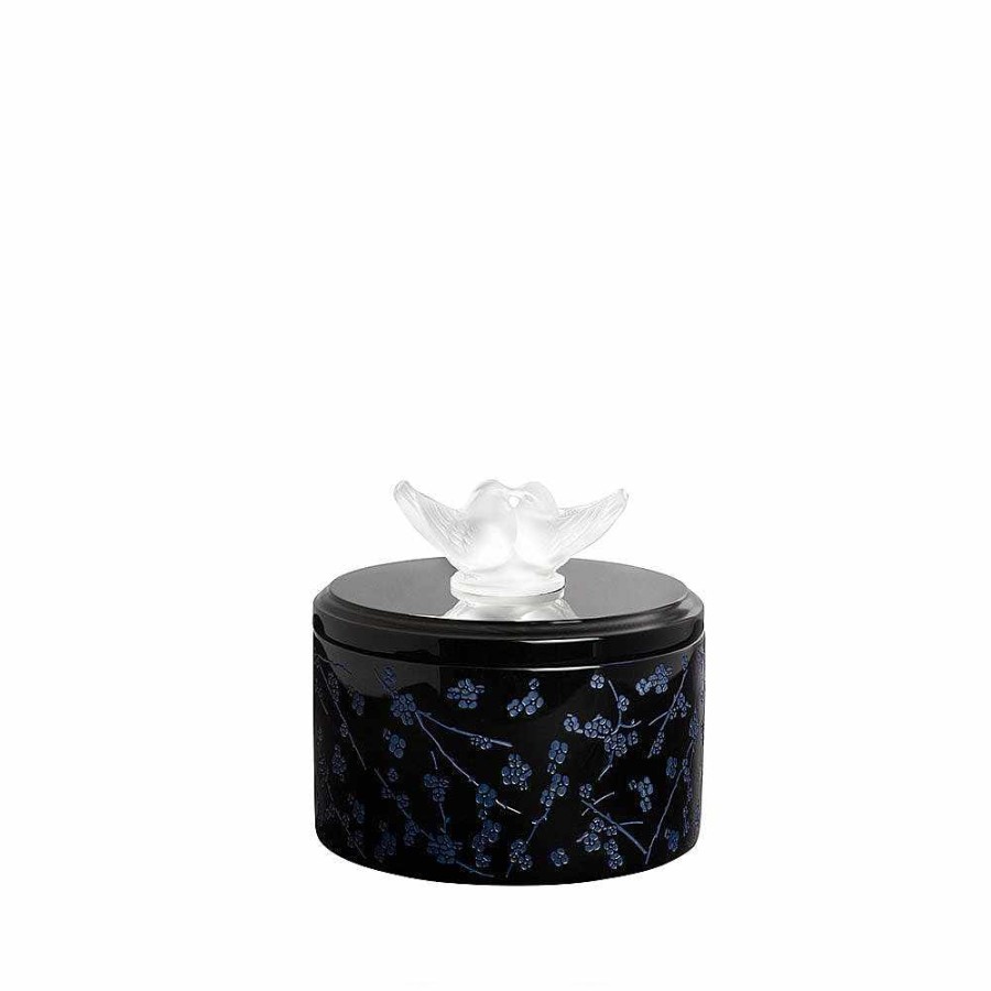 Boxes | Lalique Fleurs De Cerisier Box, Medium Size Clear Crystal/ Black And Minight Blue Lacquered Wood