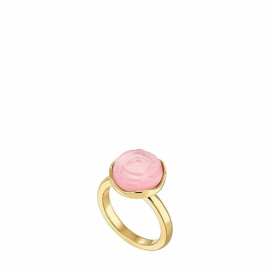 Rings | Lalique Pivoine Ring Pink Pearly On Clear Crystal/ 18 Carats Yellow Gold Plated