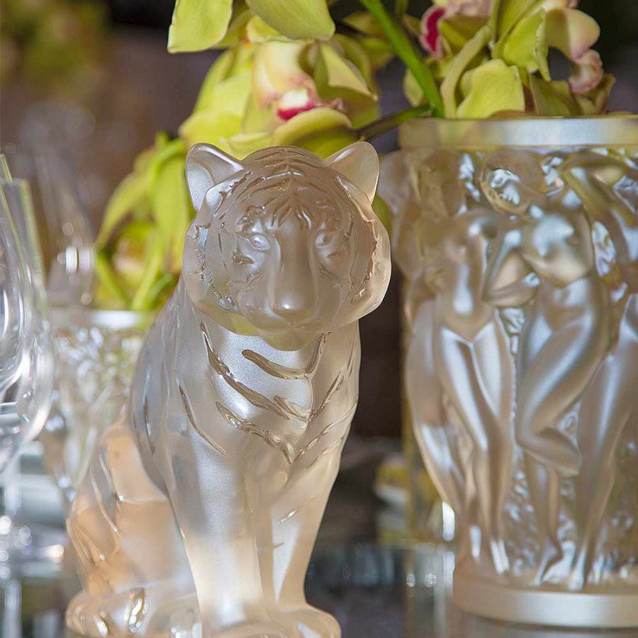 Sculptures | Lalique Sitting Tiger Large Sculpture Gold Luster Crystal